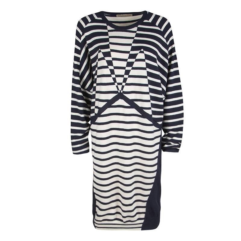 Balenciaga Navy Blue and Cream Striped Silk Cashmere Sweater Dress M