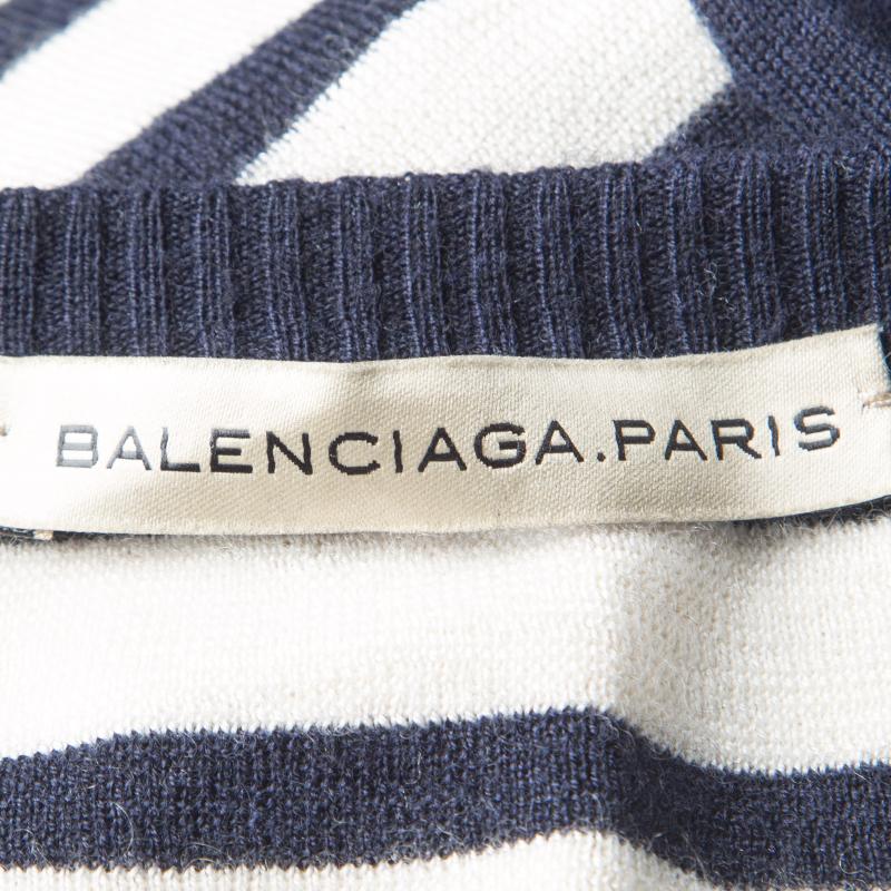 Balenciaga Navy Blue and Cream Striped Silk Cashmere Sweater Dress M 1