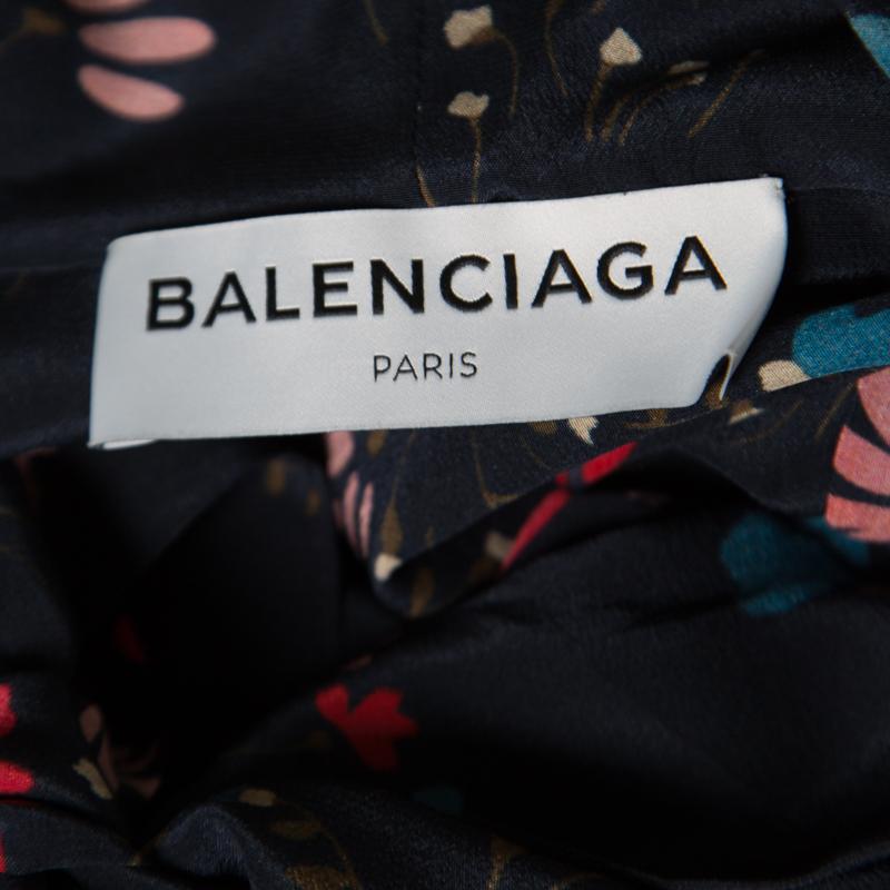Black Balenciaga Navy Blue Floral Printed Silk Neck Tie Detail Long Sleeve Blouse M