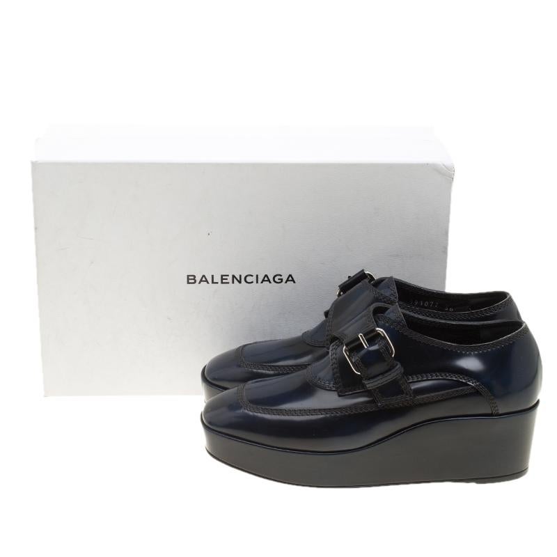 Women's Balenciaga Oxford Blue Leather Monk Strap Platform Loafers Size 36
