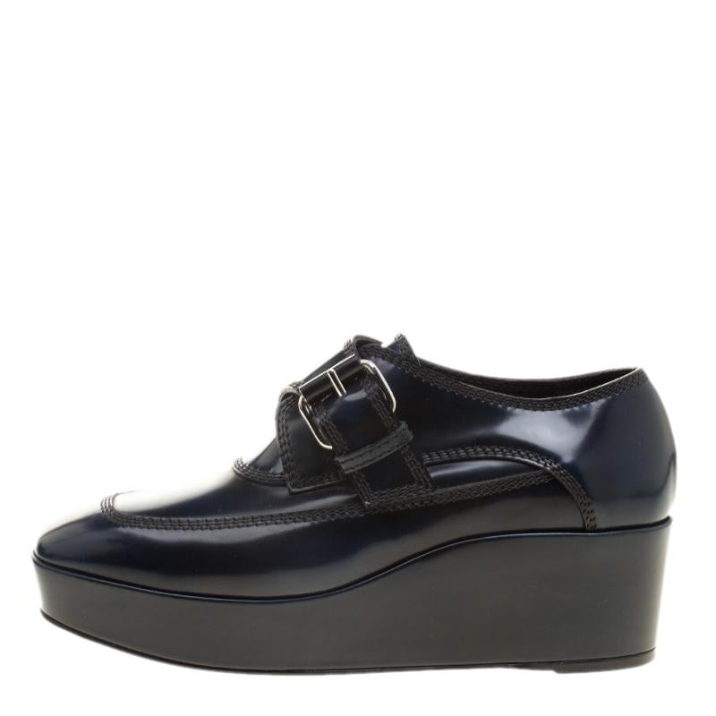 Balenciaga Oxford Blue Leather Monk Strap Platform Loafers Size 36 1