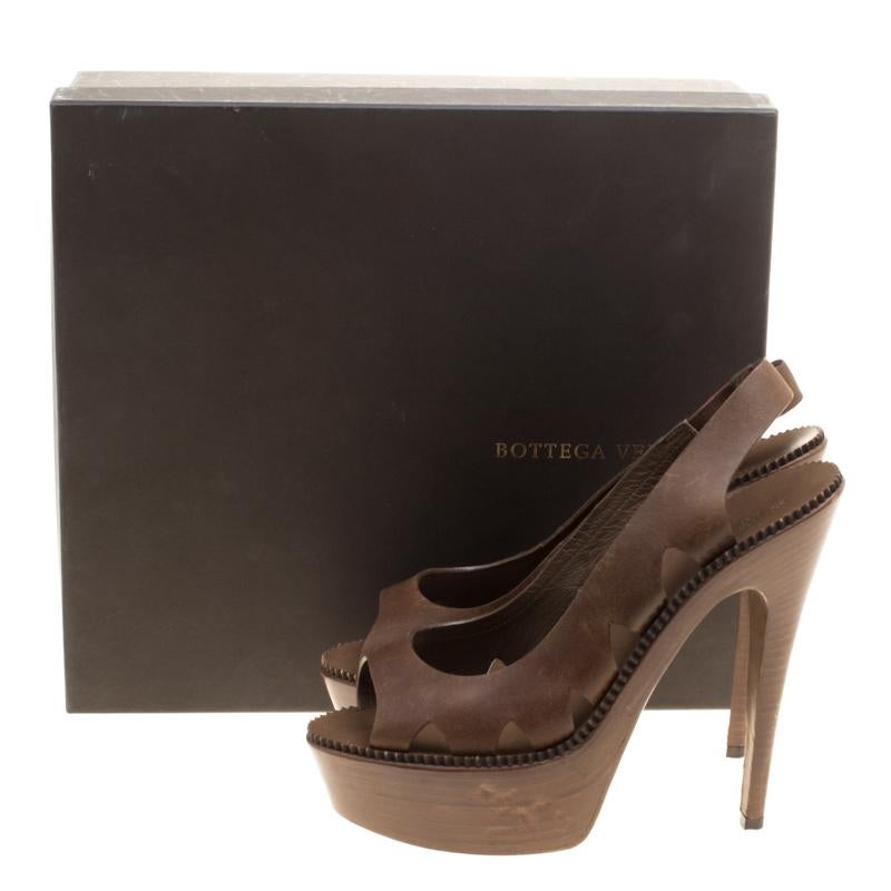 Bottega Veneta Brown Leather Peep Toe Platform Slingback Sandals Size 38.5 2