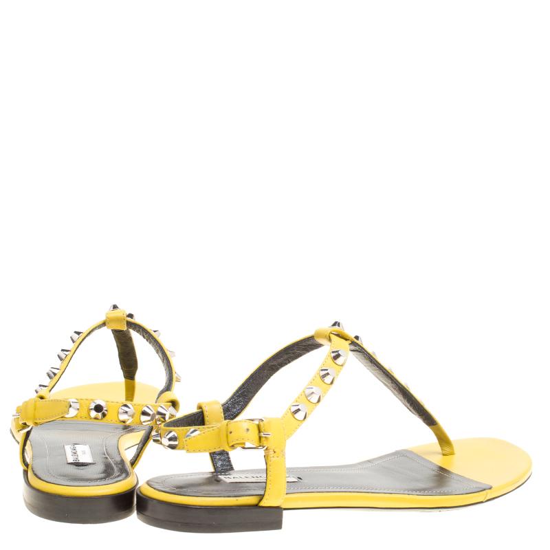 Women's Balenciaga Yellow Leather Arena Studded Thong Sandals Size 38