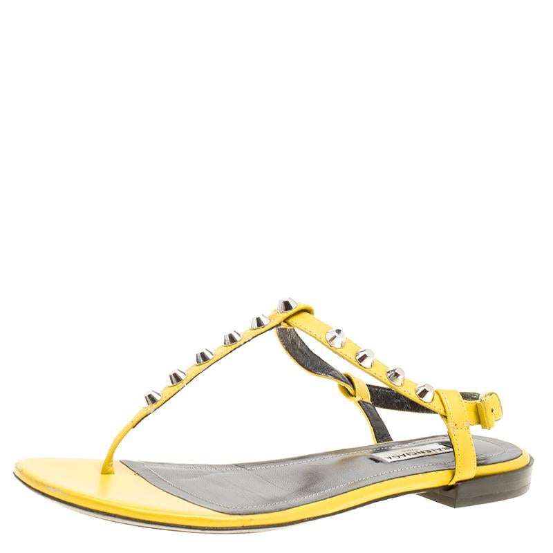 Balenciaga Yellow Leather Arena Studded Thong Sandals Size 38