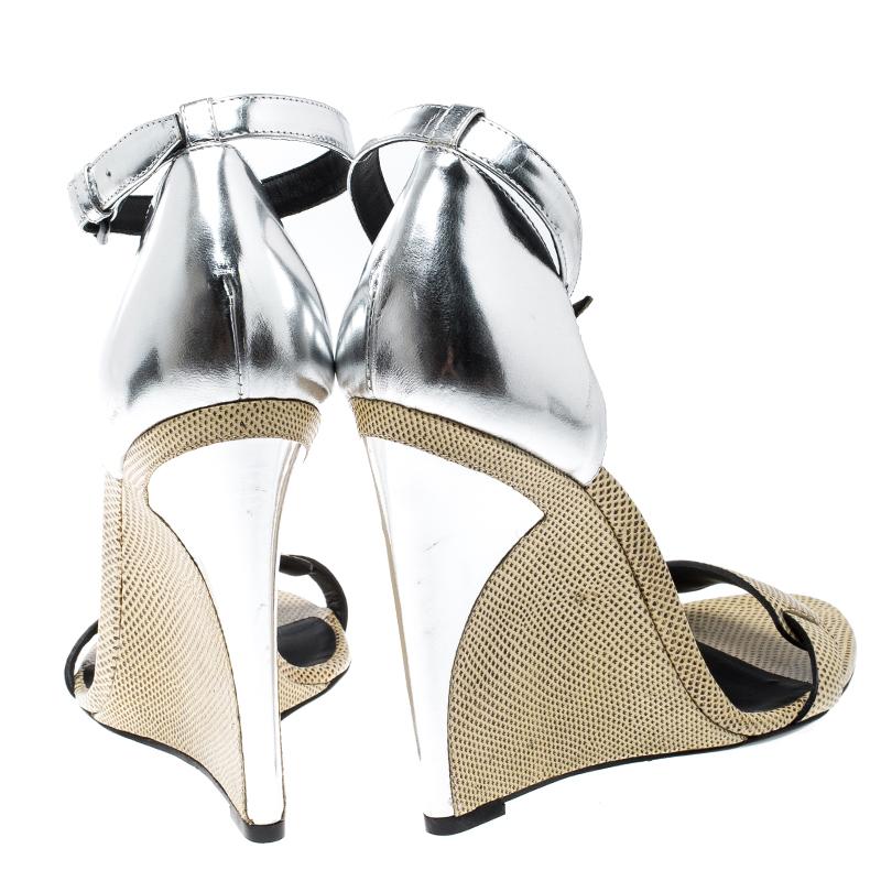 Women's Bottge Veneta Cream/Silver Lizard and Leather Wedge Sandals Size 40