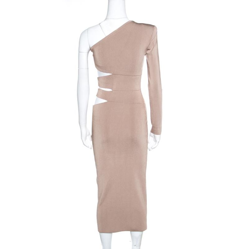 Balmain Beige Knit One Shoulder Cutout Fitted Dress M In Good Condition In Dubai, Al Qouz 2