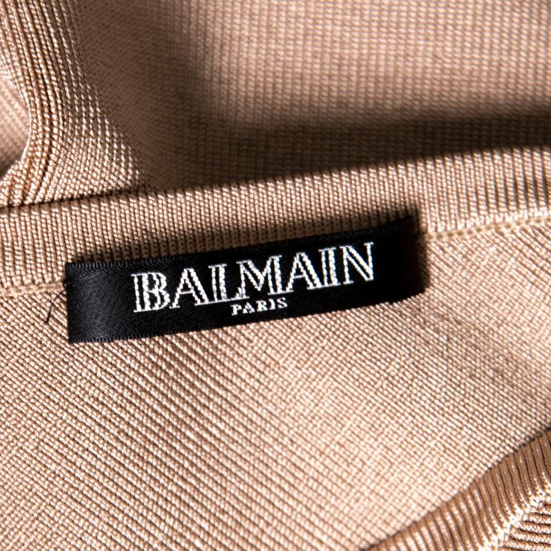 Balmain Beige Knit One Shoulder Cutout Fitted Dress M 2