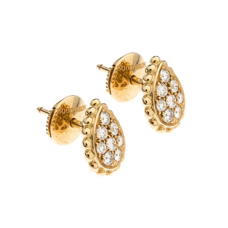 It is nothing less than a dream to own a pair of earrings as mesmerizing as this one from Boucheron. Finely sculpted from 18k yellow gold as pear-shaped studs, they are outlined with beads and set with 8 diamonds each, evoking a visual that takes