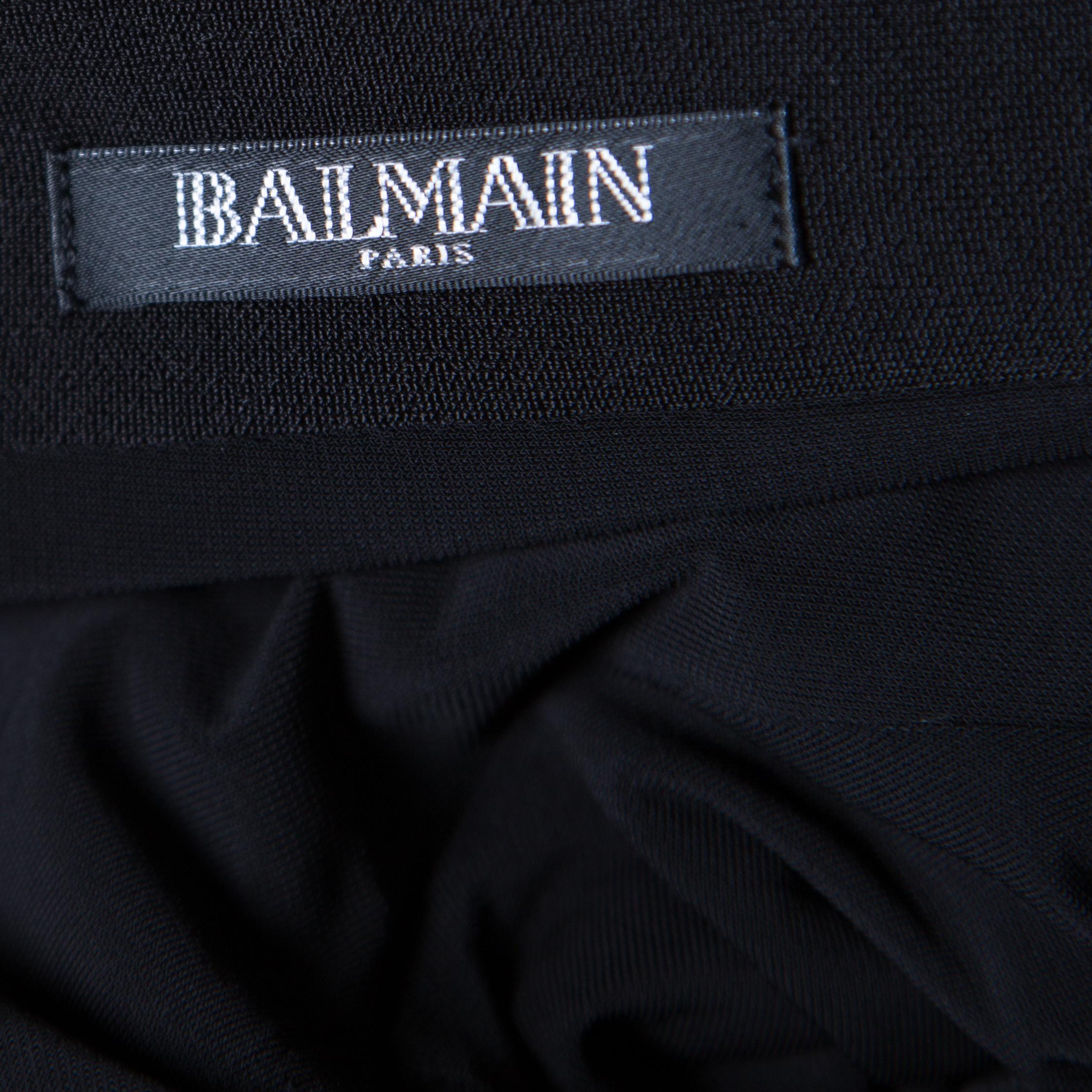 Women's Balmain Black Floral Embellished Plunge Back Neck Power Shoulder Dress M