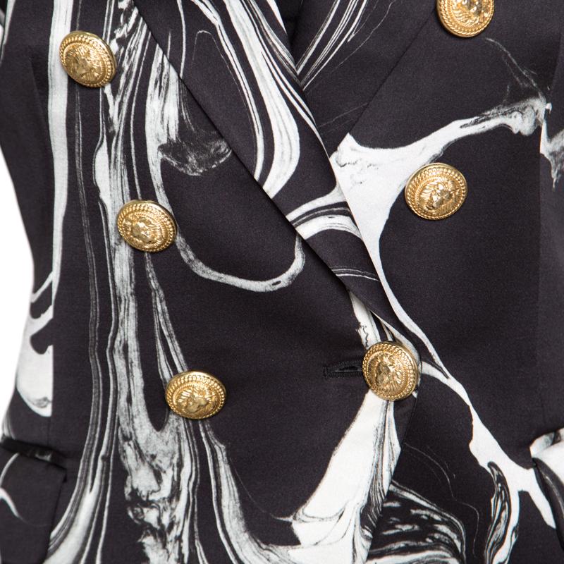 Women's Balmain Black Marble Printed Satin Double Breasted Blazer S