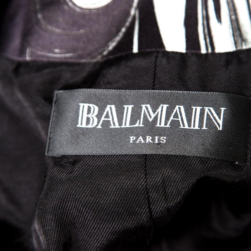 Balmain Black Marble Printed Satin Double Breasted Blazer S 2
