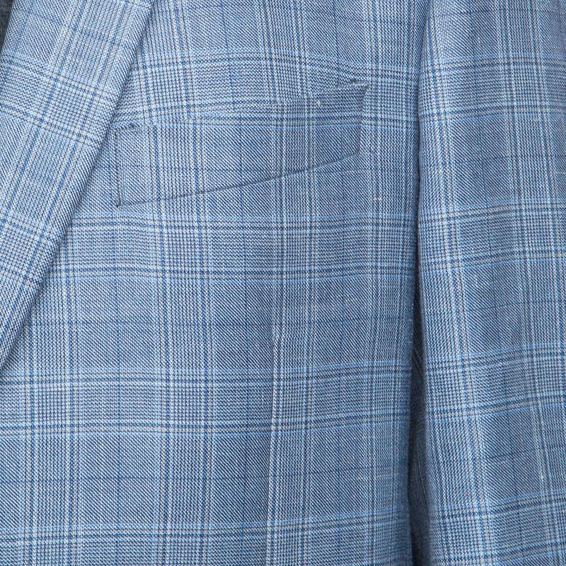 Women's Balmain Blue Checkered Wool and Linen Slim Fit Soft Shoulder Blazer XXL