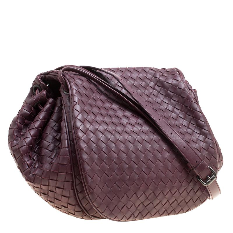 Black Bottega Veneta Burgundy Intrecciato Leather Drawstring Flap Crossbody Bag