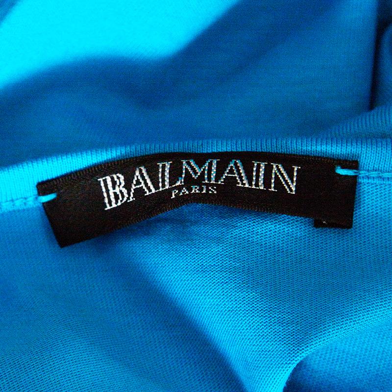Balmain Blue Cotton Shoulder Logo Button Detail Sleeveless T-Shirt L 1