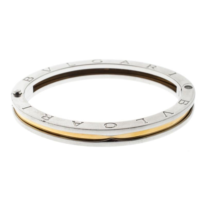 Bvlgari B.Zero1 Stainless Steel & 18K Yellow Gold Oval Bangle Bracelet In Good Condition In Dubai, Al Qouz 2
