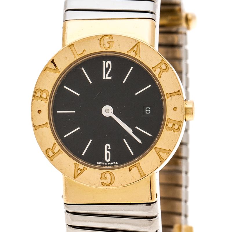 Contemporary Bvlgari Black 18K Yellow Gold and Stainless Steel Tubogas BB26GSCD Women's Wrist