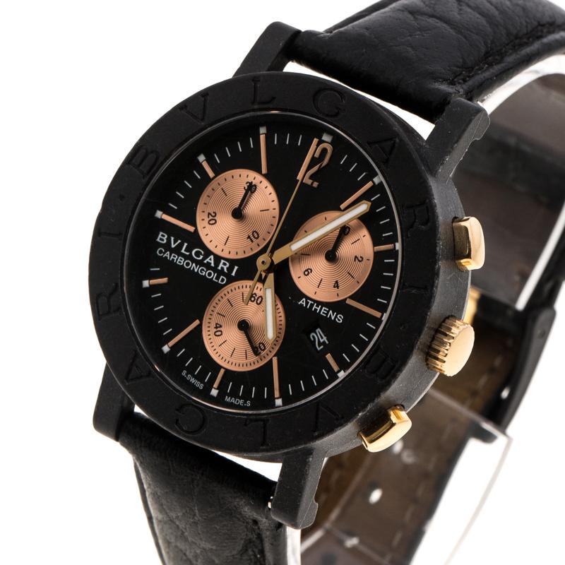 This limited edition Carbongold Athens wristwatch by Bvlgari exhibits the brand's competence to inject contemporary trends into timeless designs. This black carbon case of the watch is fitted with a double logo engraved bezel which is inspired by