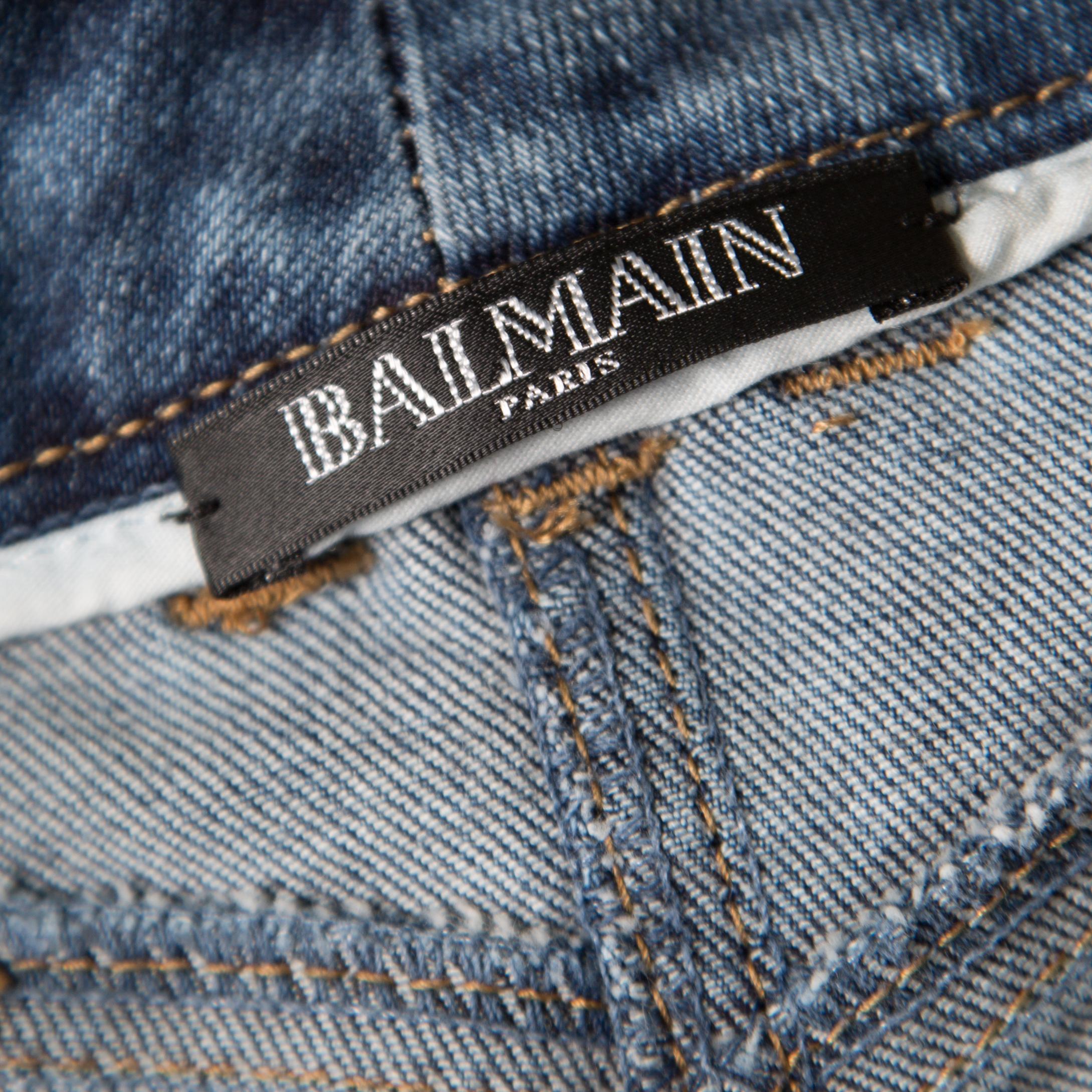 Women's Balmain Indigo Washed Denim Pin-tucked Panel Zip Detail Skinny Biker Jeans S