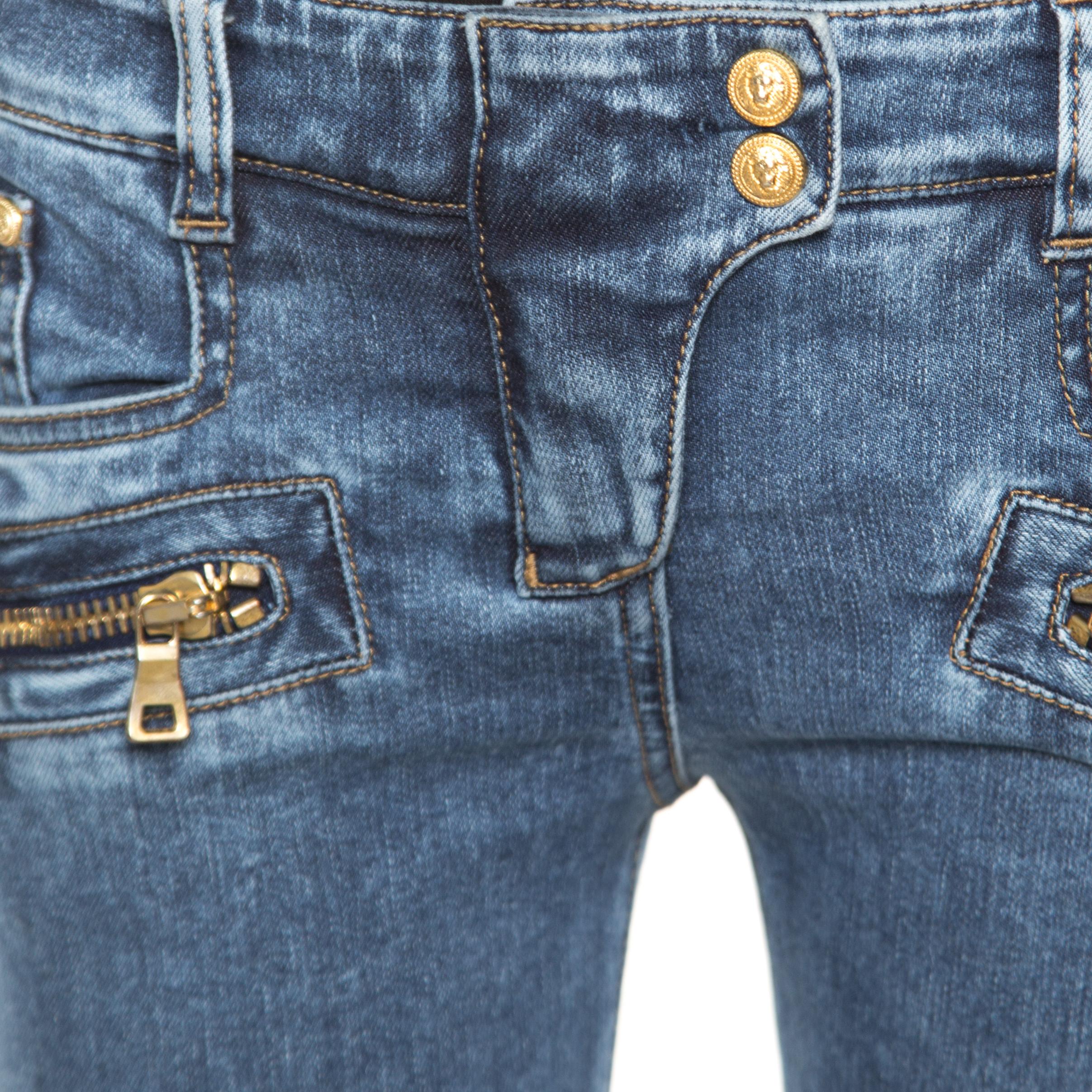 Balmain Indigo Washed Denim Pin-tucked Panel Zip Detail Skinny Biker Jeans S 1