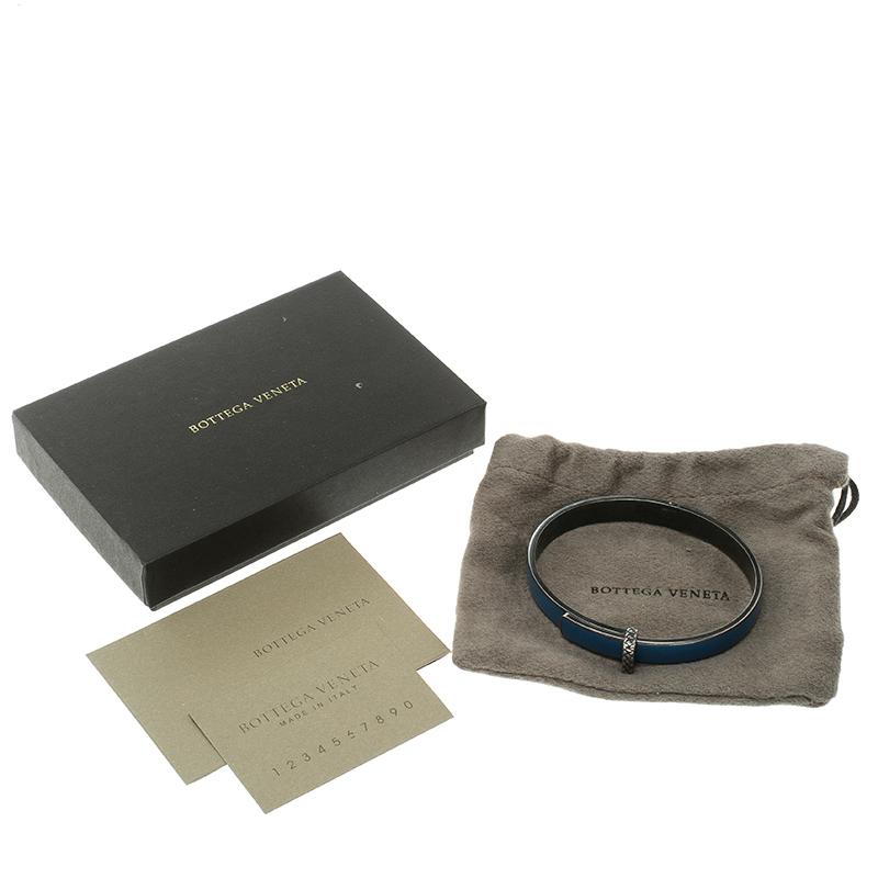Veneta Intrecciato Blue Enamel Oxidized Silver Narrow Bracelet M 2