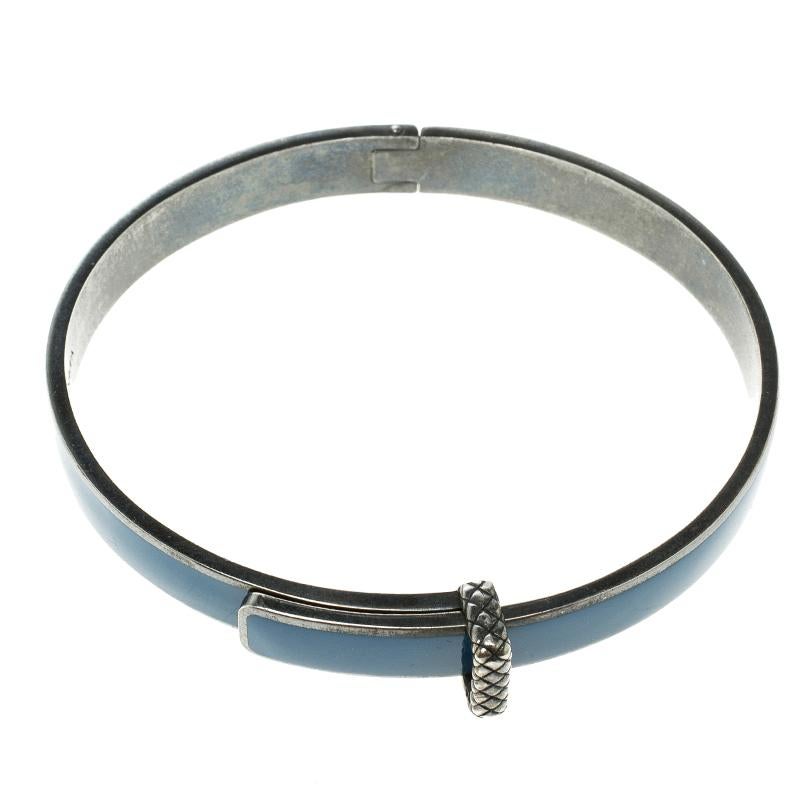 Contemporary Veneta Intrecciato Blue Enamel Oxidized Silver Narrow Bracelet M