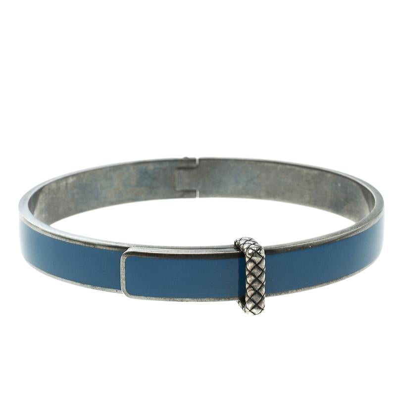 Veneta Intrecciato Blue Enamel Oxidized Silver Narrow Bracelet M
