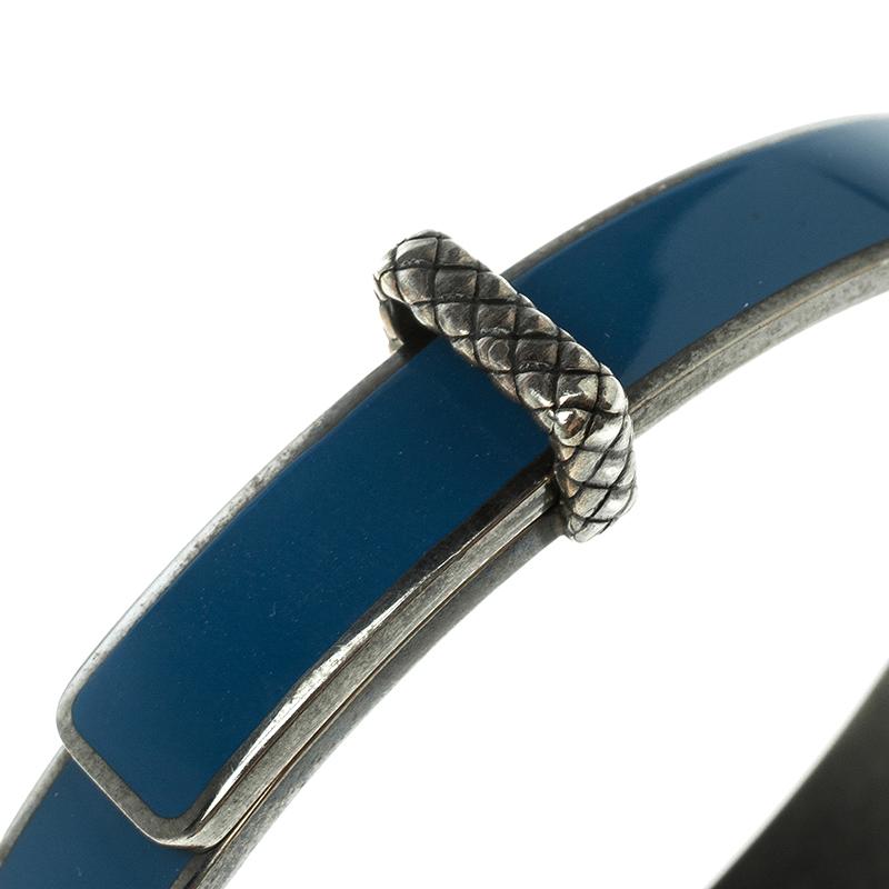 Women's Veneta Intrecciato Blue Enamel Oxidized Silver Narrow Bracelet M