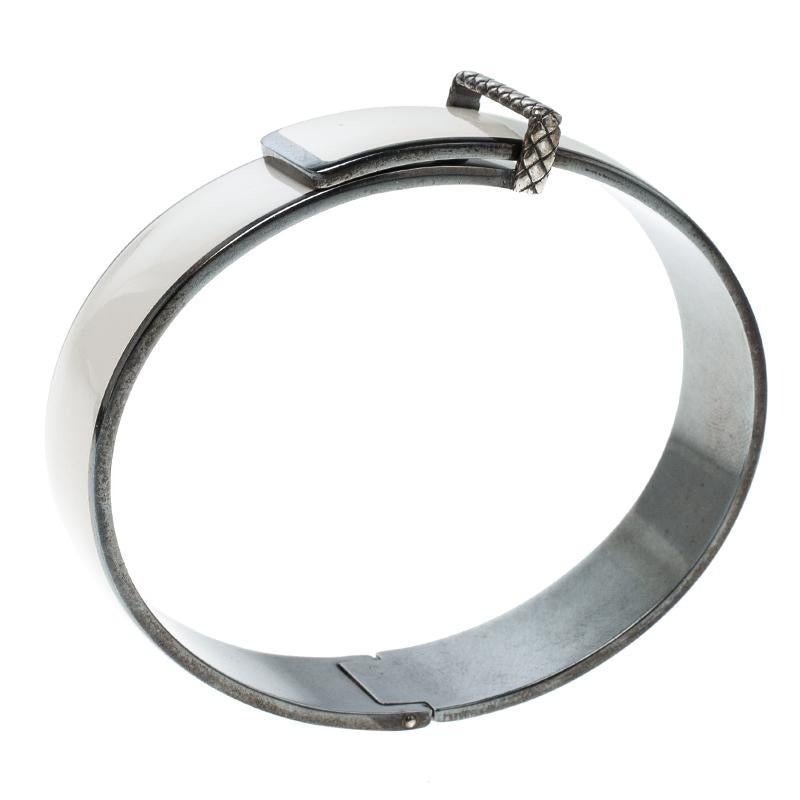  Veneta Intrecciato White Enamel Oxidized Silver Bracelet M 2