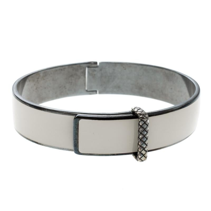  Veneta Intrecciato White Enamel Oxidized Silver Bracelet M 3