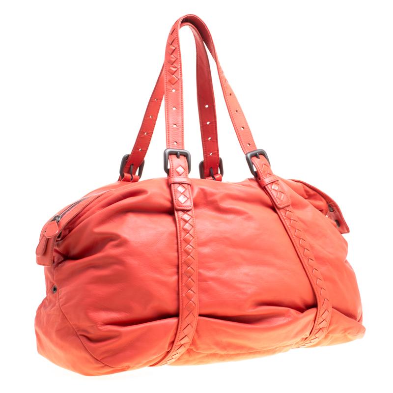 Red  Veneta Magma Plume Leather Duffle Bag
