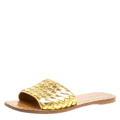 Veneta Metallic Gold Intrecciato Leather Flat Slides Size 38.5