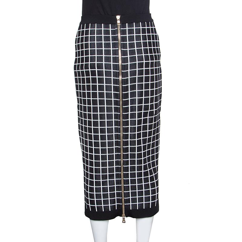 Black Monochrome Windowpane Checked Knit Midi Pencil Skirt M