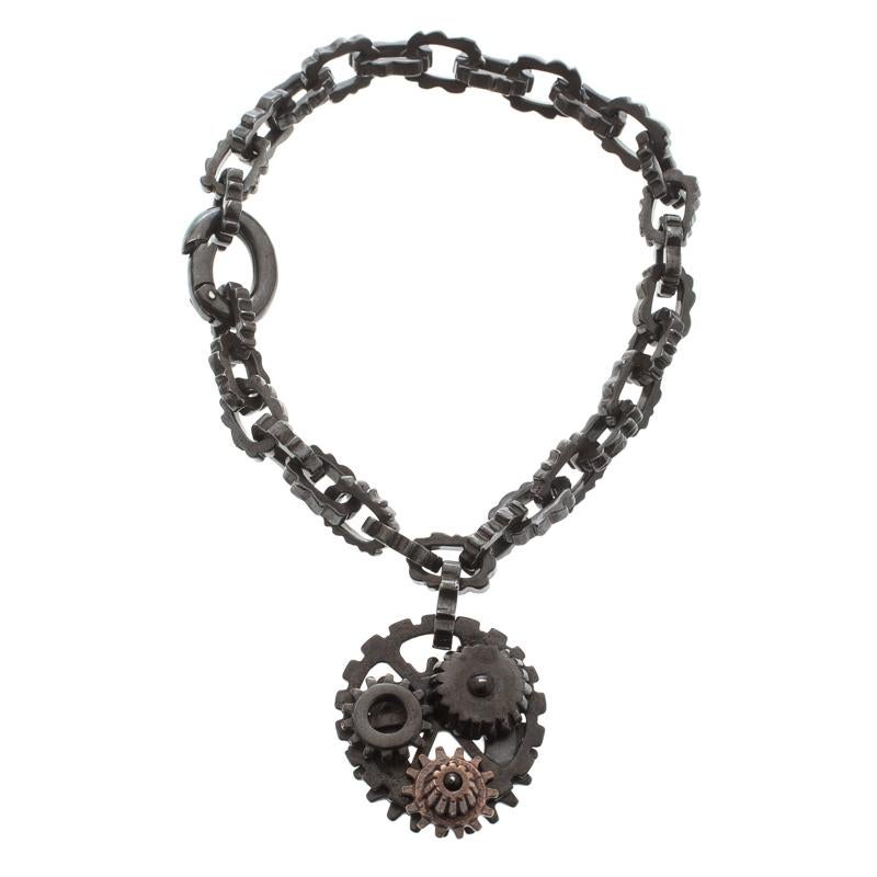 Bottega Veneta Brown Gear Chain Silver Link Bracelet S