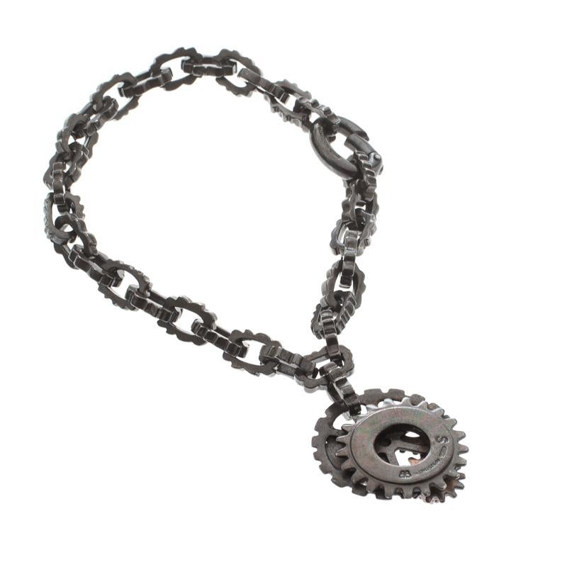Contemporary Bottega Veneta Brown Gear Chain Silver Link Bracelet S