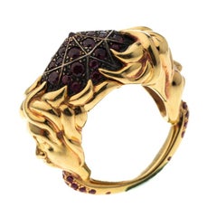 Ruby Carved Face 18k Yellow Gold Dome Cocktail Ring Size 52.5