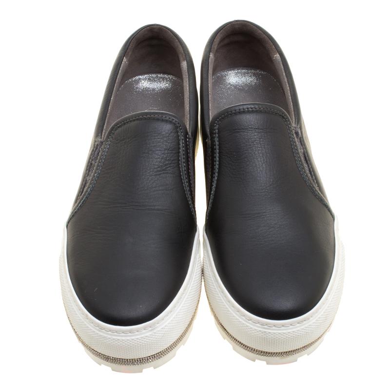 Beige Brunello Cucinelli Black Leather Slip On Sneakers Size 39.5