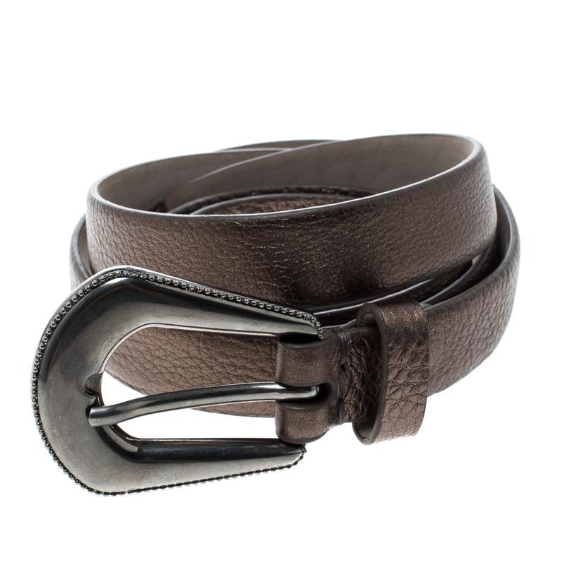 Gray Brunello Cucinelli Bronze Leather Western Buckle Belt 95cm