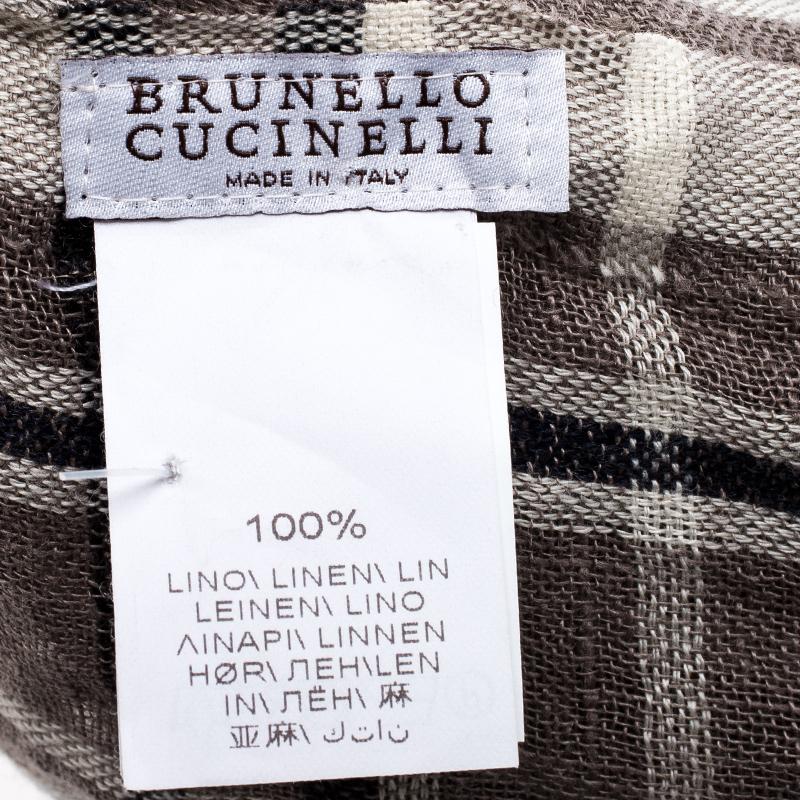 Men's Brunello Cucinelli Brown Contrast Striped and Checked Linen Scarf