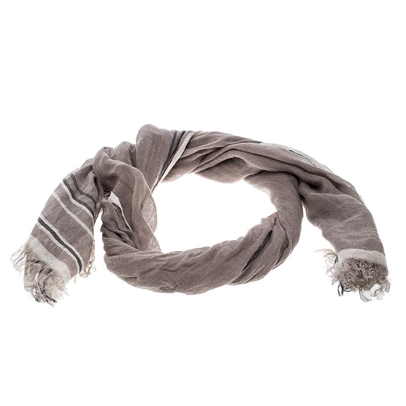 Brunello Cucinelli Brown Contrast Striped and Checked Linen Scarf