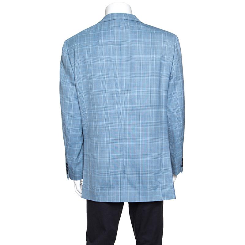 Teal Blue Glen Plaid Check Wool Senato Blazer XXXL In Good Condition In Dubai, Al Qouz 2