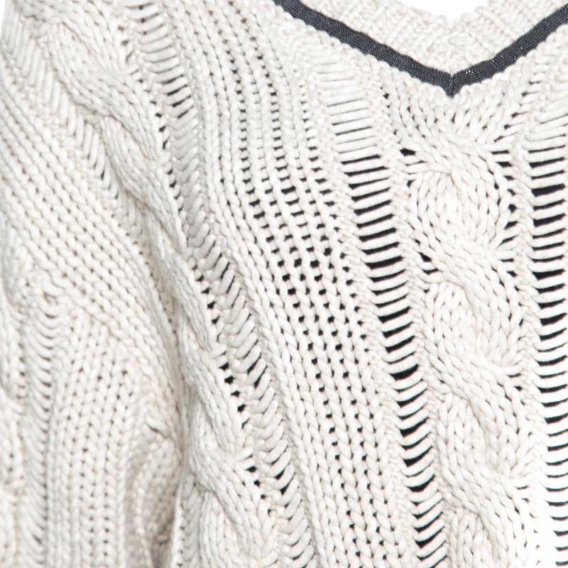 Women's  Cucinelli Beige Chunky Knit Monili Trim V Neck Sweater S