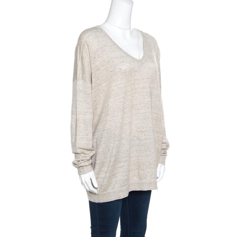 From the label of Brunello Cucinelli comes this gorgeous sweater that has been luxuriously made from a linen blend. It flaunts a V neck, long sleeves, and a beige hue.

Includes: The Luxury Closet Packaging

Size: Extra Extra Large

