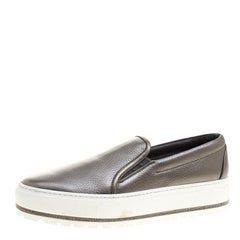  Metallic Dark Grey Leather Slip On Sneakers Size 40