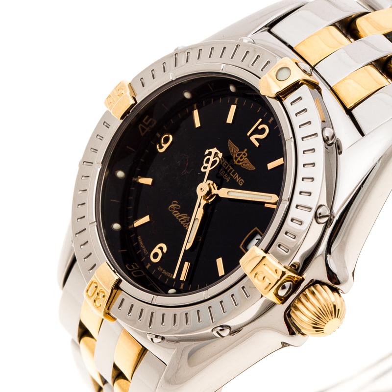 This Breitling Callistino Wristwatch is the perfect blend of grandeur and timeless appeal. Crafted from stainless steel with delicate touches of gold-plated steel, it has a round dial which is black to serve as an apt backdrop for the stylish Arabic