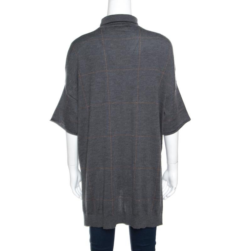 Black Brunello Cucinelli Grey Cashmere Lurex Knit Drop Shoulder Turtleneck Sweater S