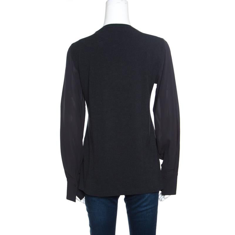 Black Brunello Cucinelli Grey Cotton and Silk Sleeve Trim T-Shirt XL