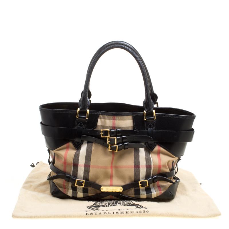Women's Burberry Beige/Black House Check Canvas and Leather Medium Bridle Lynher Tote