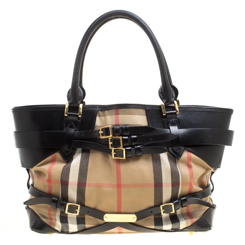 Burberry Beige/Black House Check Canvas and Leather Medium Bridle Lynher Tote