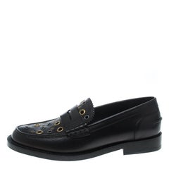 Black Leather Bedmont Eyelet Detail Penny Loafers Size 37