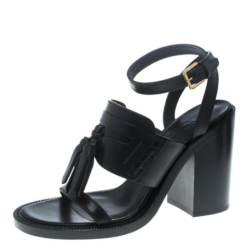 Black Leather Bethany Tassel Detail Block Heel Sandals Size 38